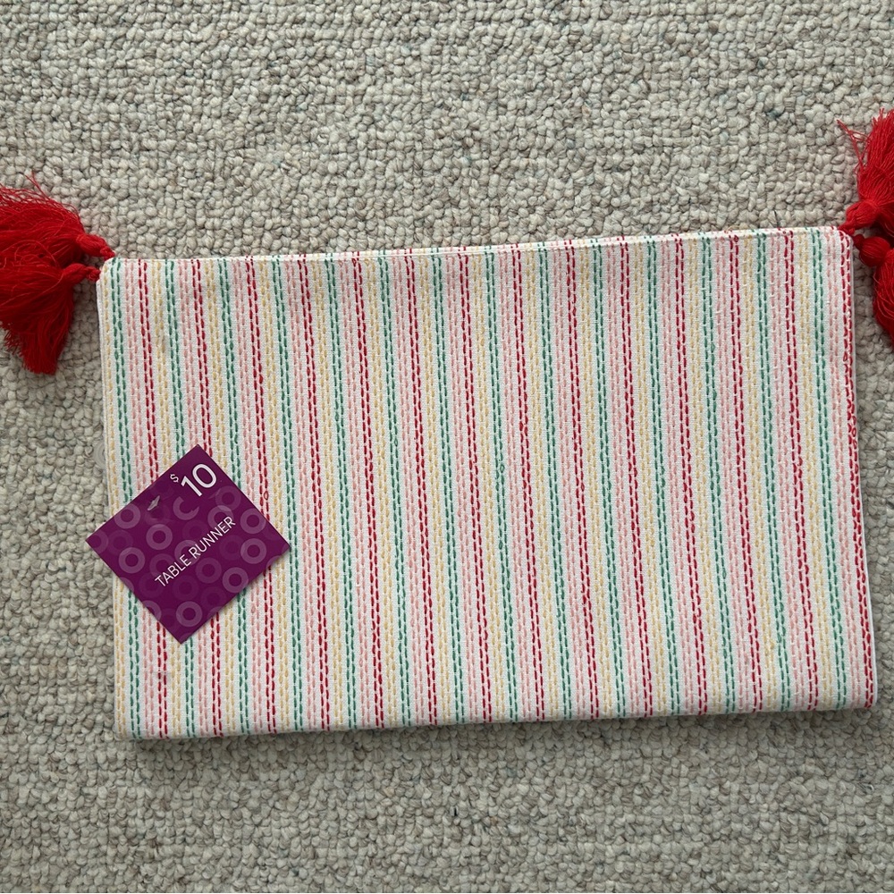 Striped Cotton Table Runner with Red Tassels